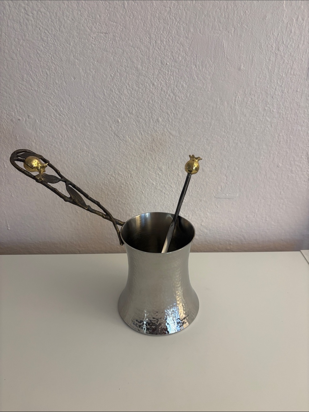 Michael Aram Pomegranate Silver Hammered Turkish Coffee Pot with Gold Accents